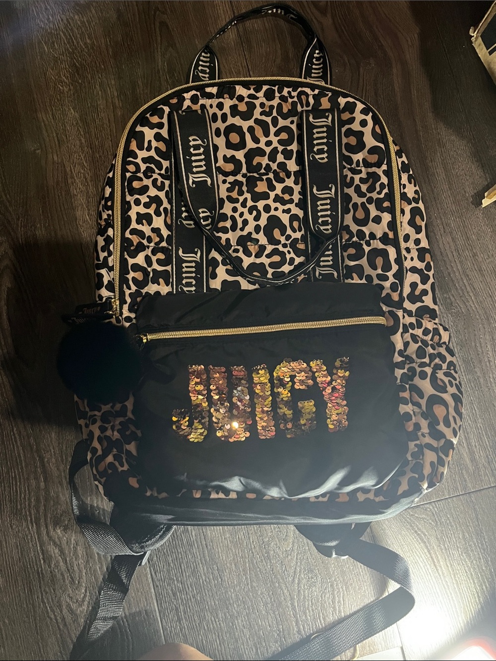 Juicy Couture Leopard Print Sequin Logo Backpack - Black/Tan